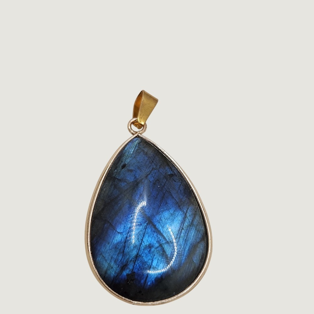 Boho Labradorite Teardrop Pendant Gold Bezel Blue Flash Gemstone Celestial